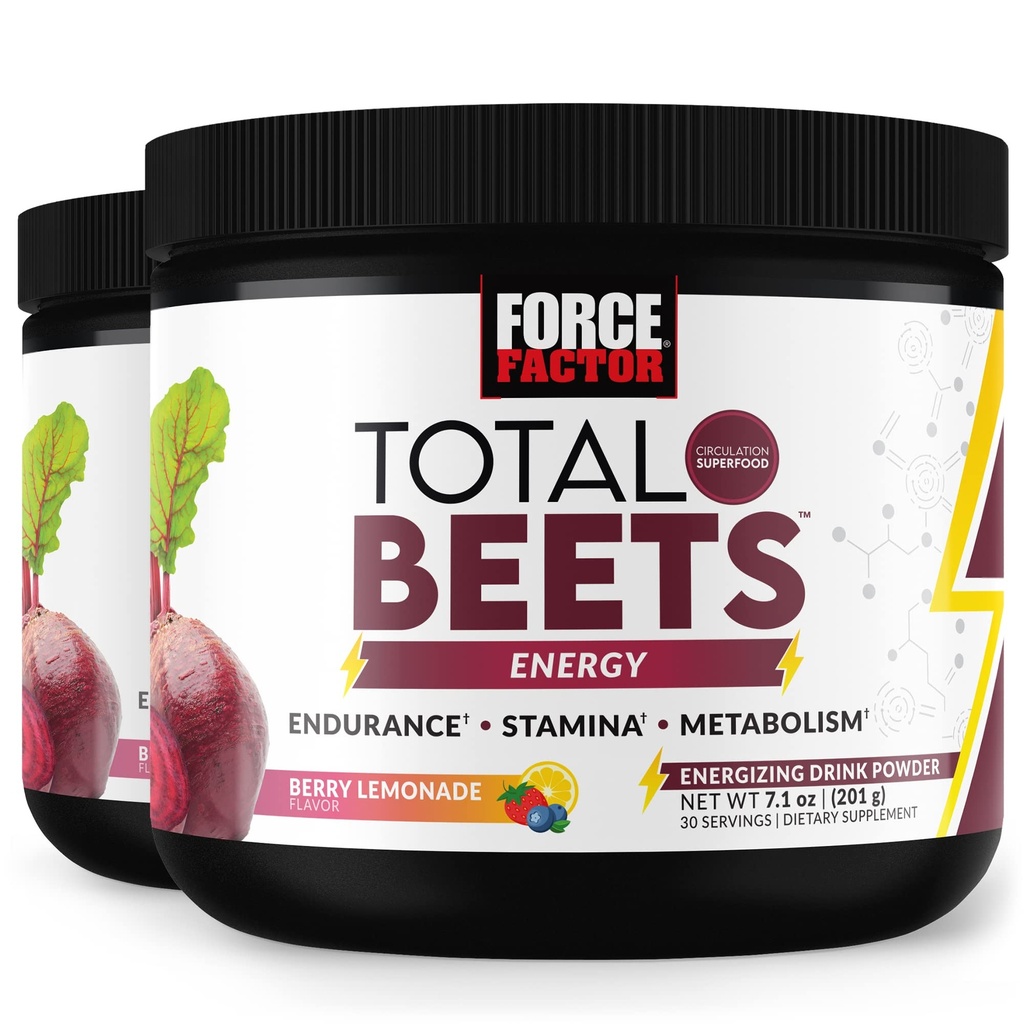 Force FACTOR Total Beets Energetic Drink Mix 2-Pack, Superfood Beet Root Powder, Nitrates to Boost Energy, Support Circulation, Blood Flow, Nitrogen oxid și rezistență, Heart Health Supplement, 60 Servings