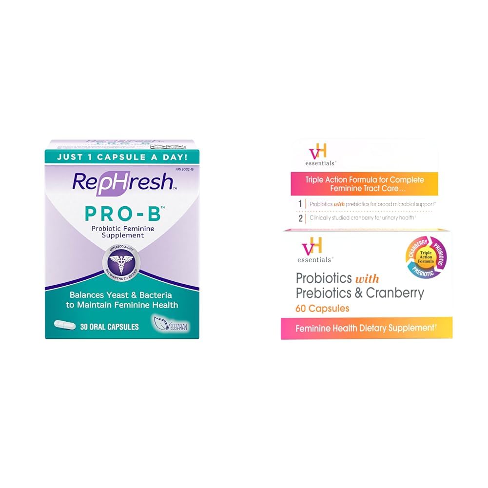Rephresh Pro-B Supliment probiotic pentru femei, 30 capsule orale & vH Essentials Probiotice cu prebiotice și supliment de sănătate feminină de afine - 60 capsule