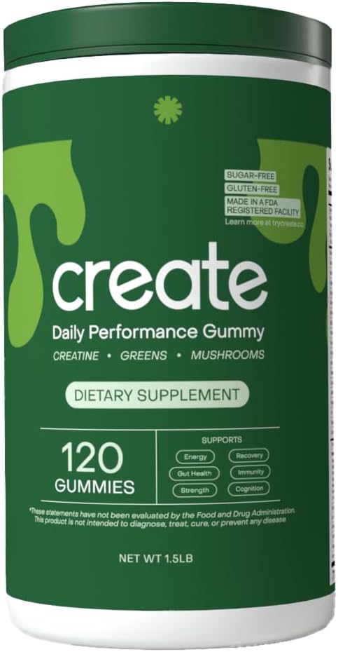 Create Daily Performance Gummy - Creatine Monohidrat Gummies for Men & Women - Boost Energy, Imunity & Power, Vegan, Gluten-Free, 4g Creatine+5g Fiber per Serving (120 ct Gummies, 30 Servings)