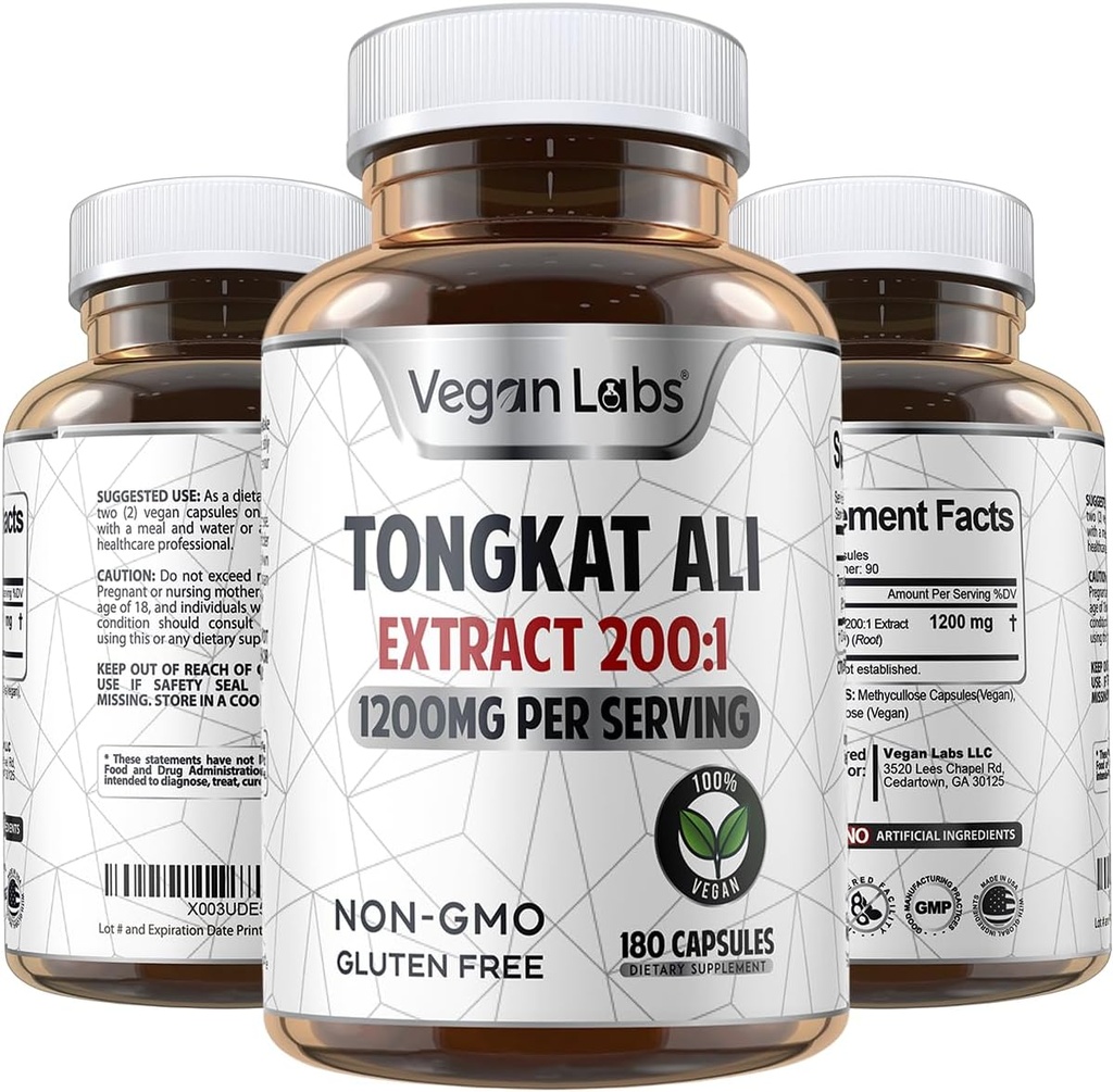 Vegan Labs Tongkat Ali 200:1 Extract, 1200MG Per Servings- 180 Capsule Vegane- Suportă energie și rezistență- Gluten gratuit, non-GMO Premium Quality Supplement