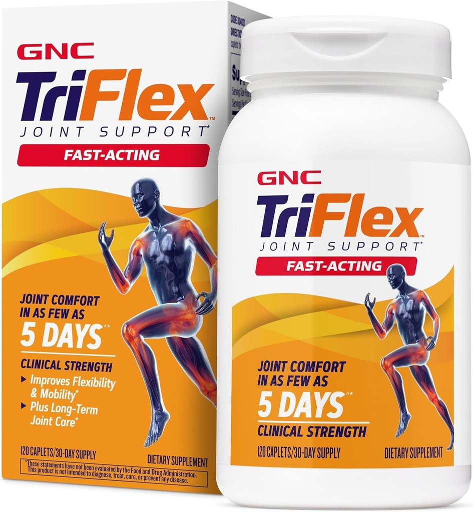 GNC TriFlex Fast-Actioning 2.0, Îmbunătățește confortul comun și Stiffness, Doze de rezistență clinică de Glucosamină/Chondroitin și Boswellia- Plus Turmeric, 120 Capete