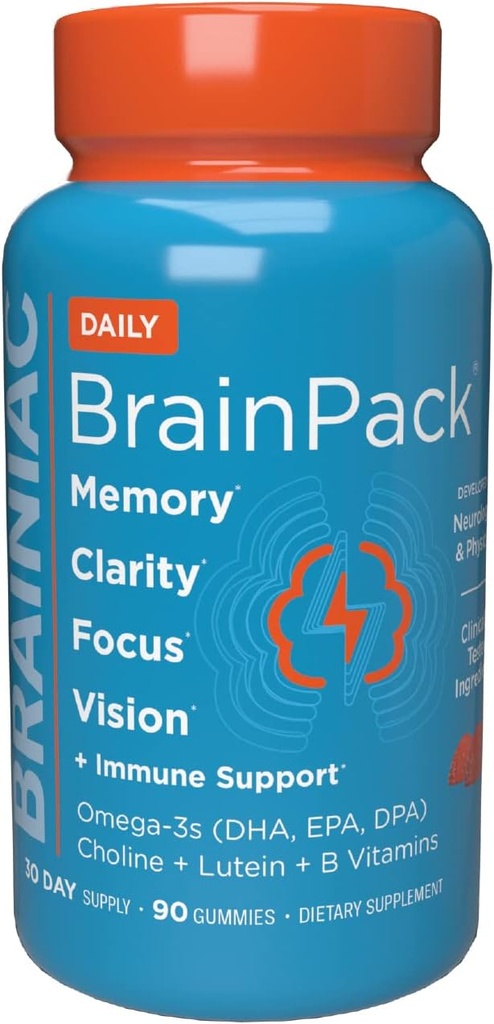 Brainiac Daily BrainPack Gummies, Susţine sănătatea creierului cu Omega 3 DHA EPA DPA, Choline, B6 & B12 şi lutein pentru sănătatea ochilor cu suport imun, Citrus Berry Flavor, 90 ct