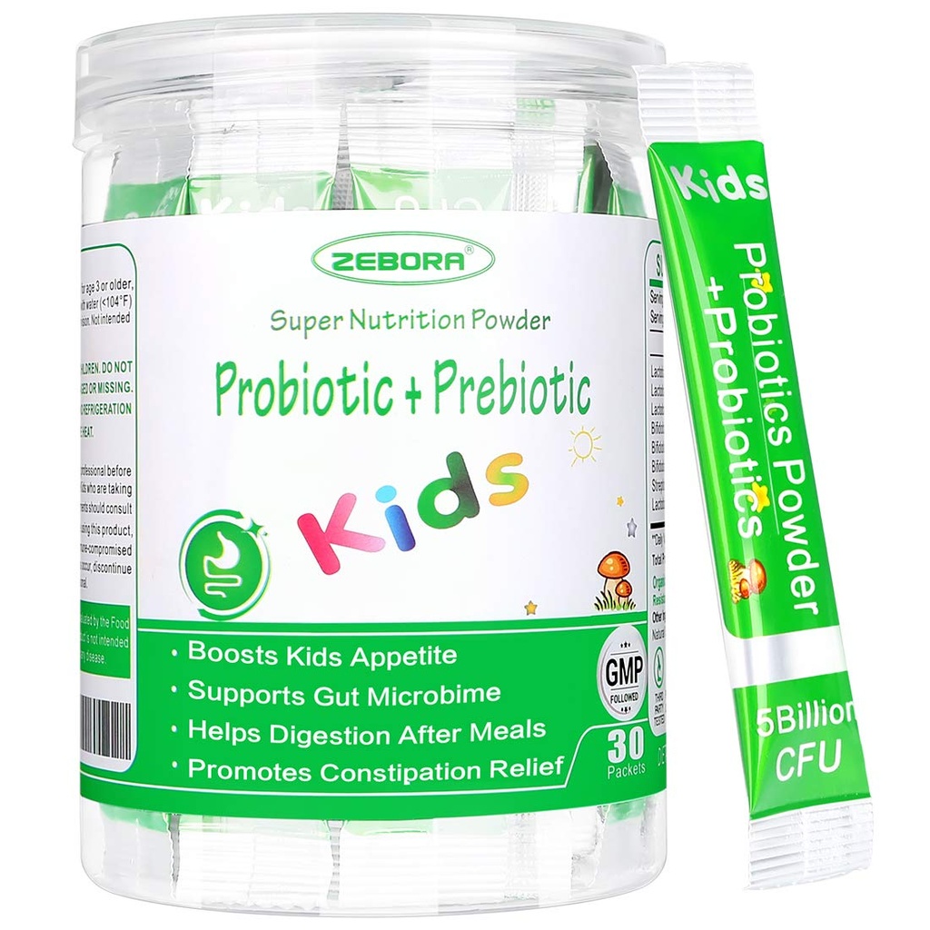 ZEBORA Copii Probiotic & Prebiotice Praf Vârsta 3+ Sprijin pentru copii Digestive și Sistem imunitar cu sursă naturală, Promovează Relief constipație, non-GMO, Gluten-Free, 30 Pachete cu 5 miliarde CFU