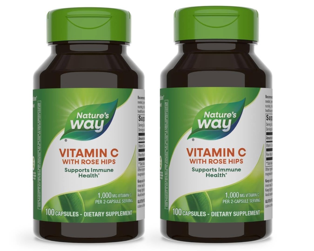 Natura's Way Vitamin C cu Rose HIPS, puternic Antioxidant & Immune Function Support from Vitamina C*,Promotes Colagen for Healthy Skin*, 100 Capsule (Packaging May Vary) - 2 Pack