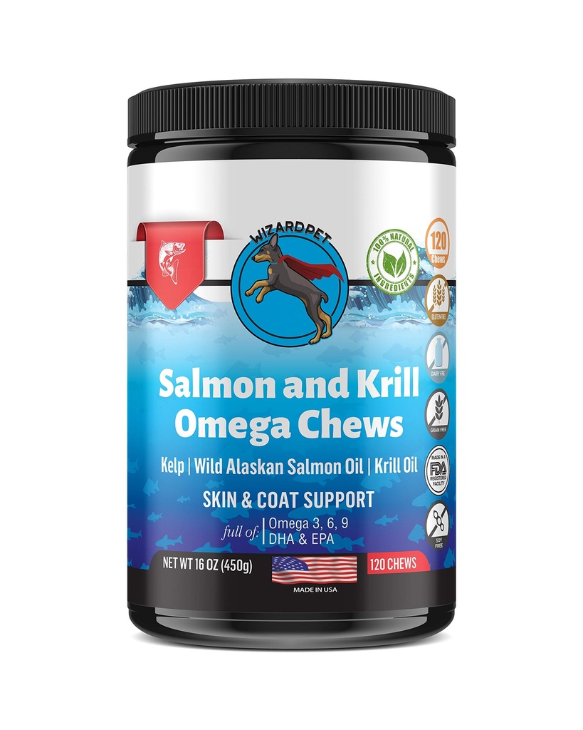 Wild Alaska Somon Krill Oil Chews pentru câini - 120 Tratamente moi - Omega 3 6 9 Suplimentul de pește EPA, DHA pentru Itch-Free Skin Coat Joints - Alergie Relief - Reduceți vărsarea de păr - Made in USA