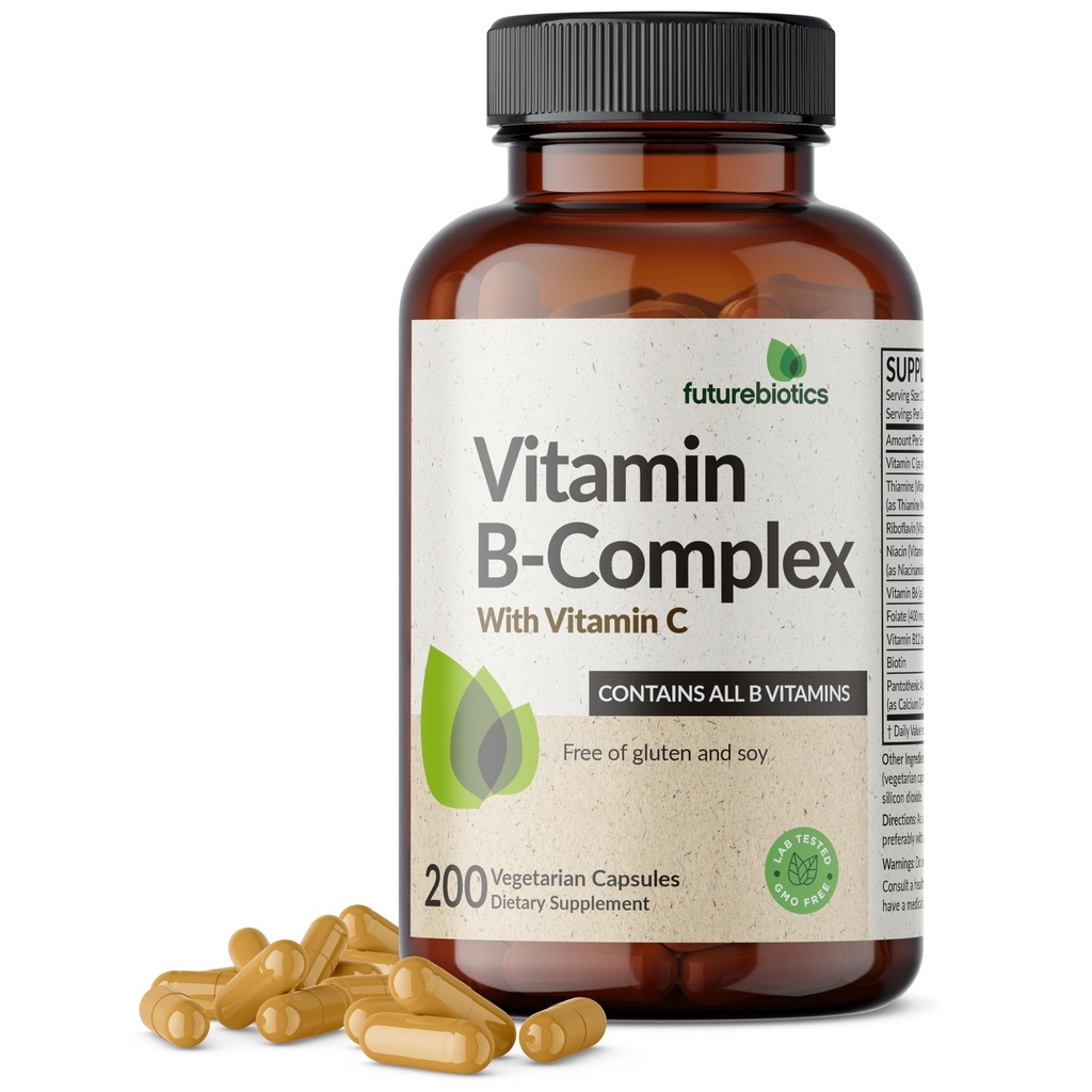 Futurebiotice Vitamina B Complex cu vitamina C susţine producerea energiei, sistemul nervos şi sprijinul imunitar - non-GMO, 200 Capsule vegetariene