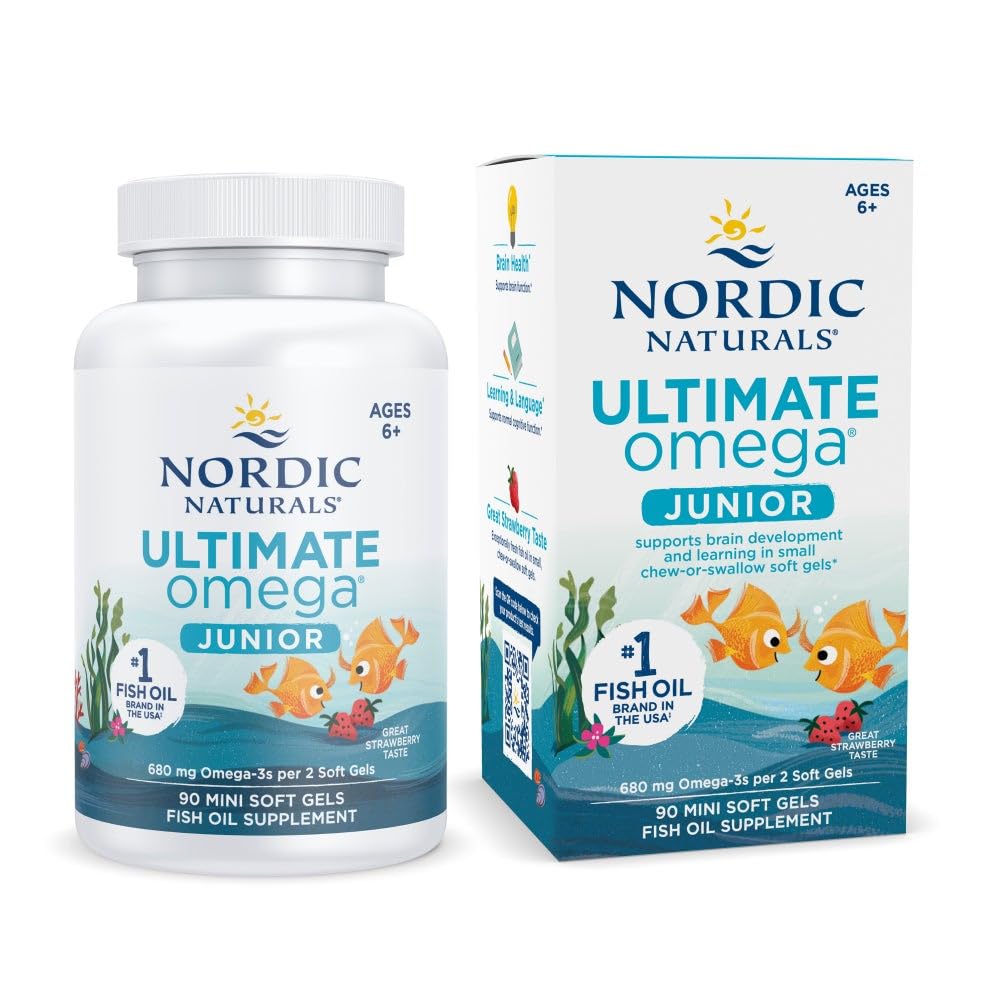 Nordic Naturals Ultimate Omega Jr., Strawberry - 90 Mini Gels Soft - 680 Total Omega-3s cu EPA & DHA - Brain Health, Mood, Learning - Non-GMO - 45 Servings