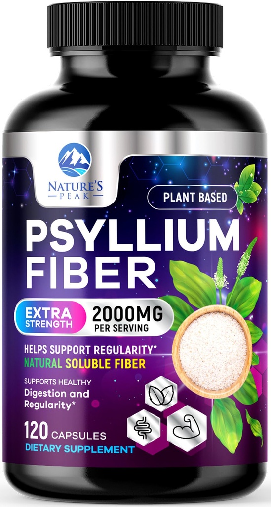 Psyllium Husk Fiber Supliment 1500mg - Vegan Prebiotic, fibre solubile pentru Daily Digestive Health & Regularity Support, Natural Psyllium Powder Caps, Sugar-Free, Non-GMO & Gluten-Free - 120 capsule