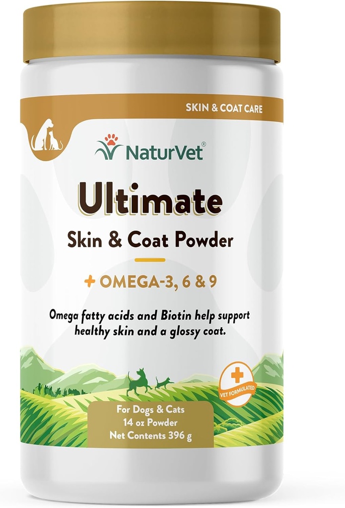 NaturVet Ultimate Skin and Coat Powder Plus Omega 3, 6 și 9 Supliment pentru câini și pisici, pulbere, Made in the USA with Global Source Ingredients 14 Ounce