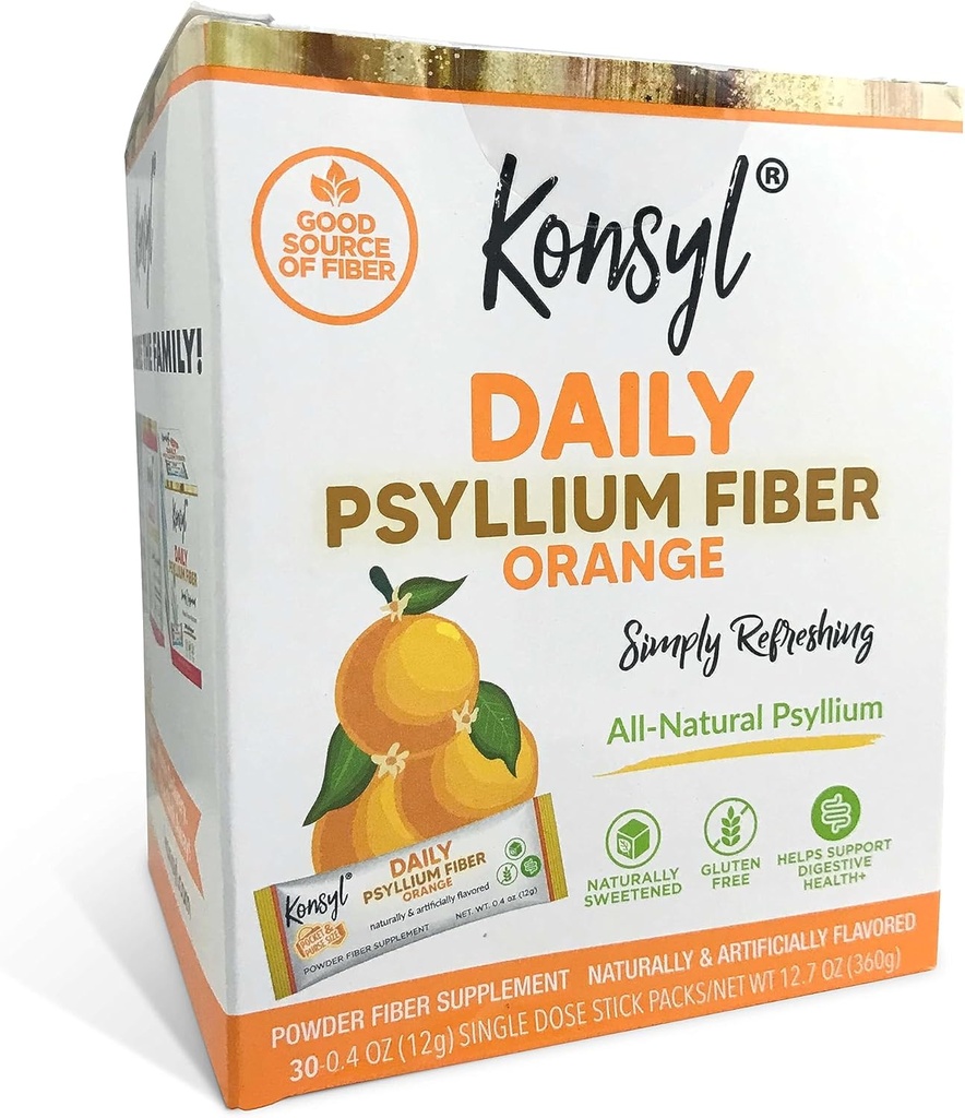 Konsyl Daily Fiber Orange 100% Natural Psyllium Husk pulbere - îndulcit natural - Gluten gratuit - 30 Stickpacks individuale