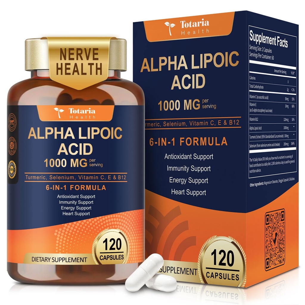 Totaria Alpha Acid lipoic 1000mg - ALA Supliment antioxidant pentru Neuropatie Suport Nervii Sănătate, Detoxifiere Ficat, Antioxidant, Metabolizare și Energie Cellică, Anti-Aging - Non-GMO, Gluten gratuit, Vegan Seif
