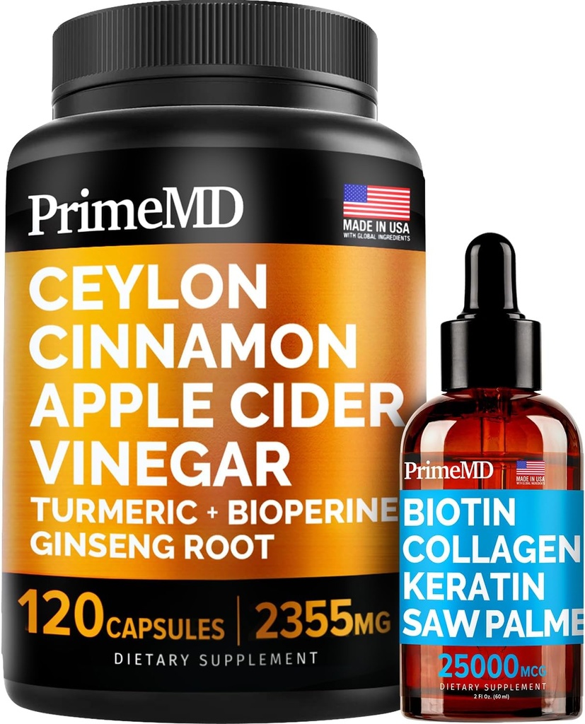 4-in-1 Liquid Biotin Collagen Keratin Saw Palmetto picături (2 fl oz - 1 ambalaj) & 5-in-1 Ceylon Scorțișoară w Turmeric & Ginseng Root (120ct) Bundle - păr, piele, unghii, și supliment de sprijin imun