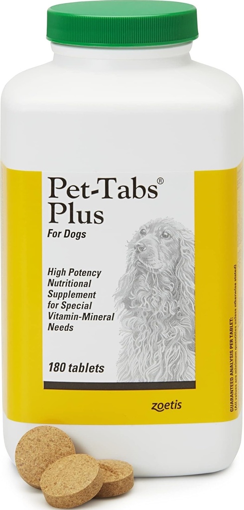 Pet-Tabs Plus Multivitamine și Suplimentul mineral pentru câini cu nevoi nutriționale speciale, comprimat masticabil, 180 flacon conte