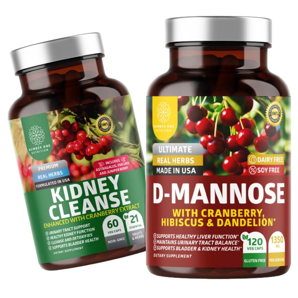 Number One Nutrition N1N Premium D-Mannose [1350mg] with Cranberry & Hibiscus and renal Cleanse [21 Pottent Herbs] with Cranberry Extract, Astragalus, Uva Ursi, 2 Pack Bundle