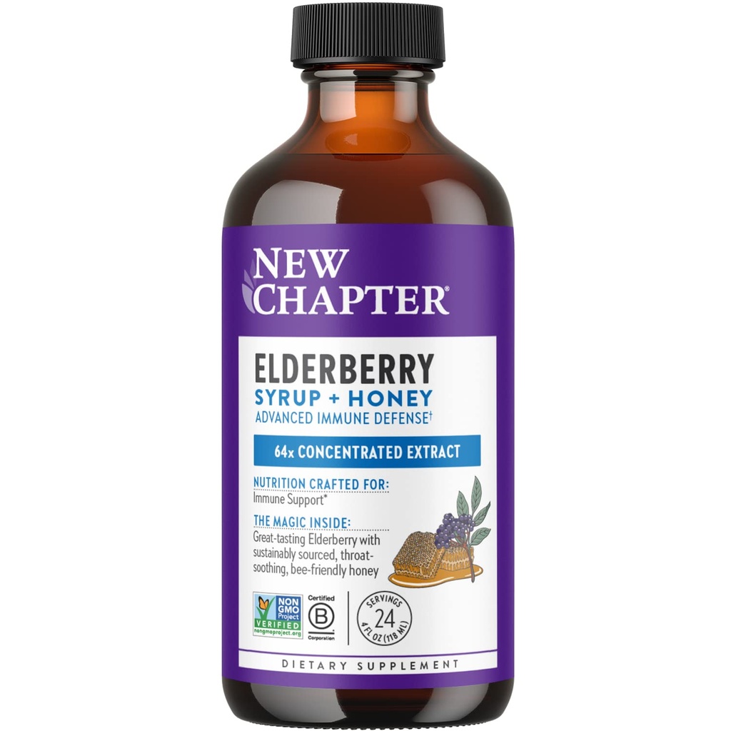 New Chapter Elderberry Syrup, 24 Servings, Immune Defense for Adults & Kids (2+), 64x Concentrated Black Elderberry + Throat-Soothing Grad A Honey, non-GMO Project Verified, Gluten Free