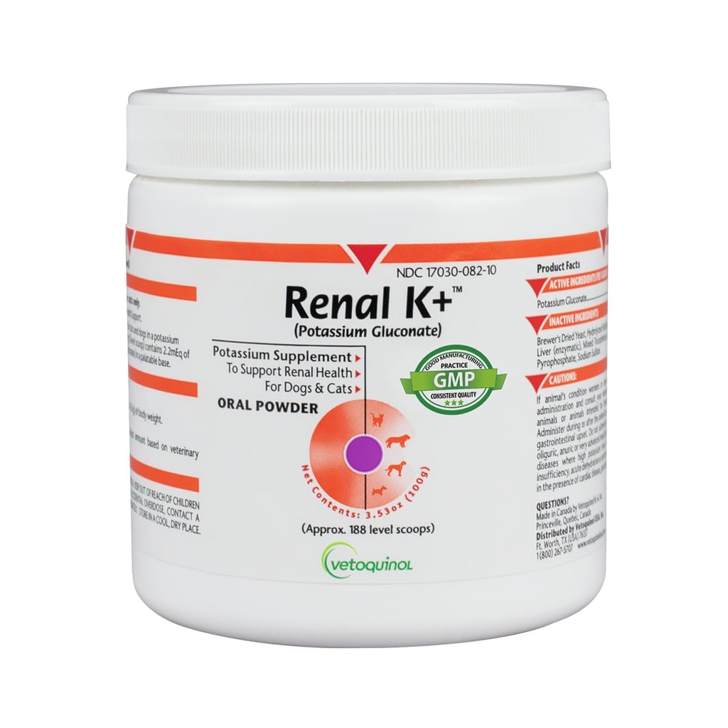 Vetochinol Renal K+ (Potasium Gluconat) Supliment de potasiu Pulbere pentru câini și pisici, 3,5oz