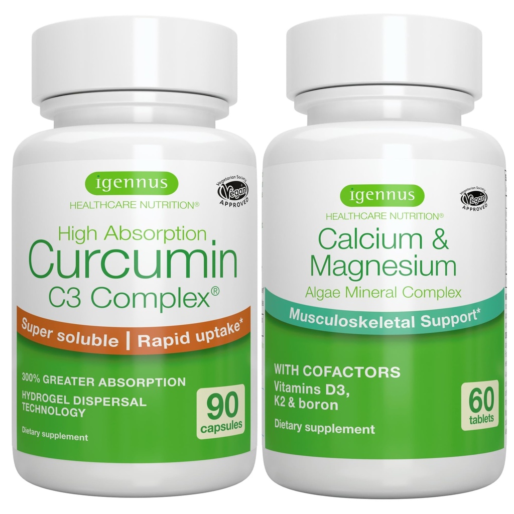 Complexul Algae Calciu & Magneziu + Complexul Curcumin C3 de înaltă absorbţie, Bundle Vegan pentru oase, articulaţii şi recuperare din exerciţiu, de Igennus