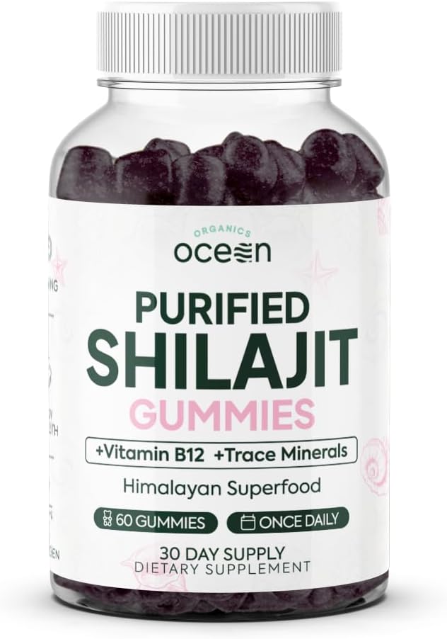 Organics Ocean Shilajit pentru bărbați și femei - Suplimentul natural cu vitamina B12, crom și seleniu pentru combaterea vârstei, energie, sprijin hormon și mai mult - 60 Gume Shilajit