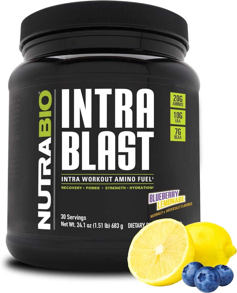 NutraBio Intra Blast Bcaa Powder Amino Acid Supliment, Electrolit & Hidratare Blend, Intra, Pre Antrenament & Recuperare musculară, 20g Eaa Amino Acids Powder, 5g Glutamina- Lemonada afine, 30 Servire