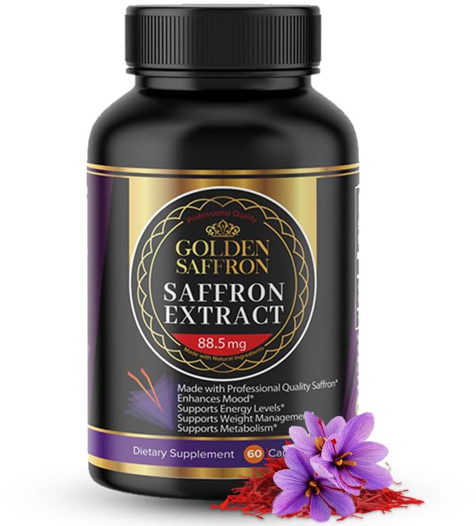 Golden Saffron Saffron Extract capsule - Premium Saffron Suplimente - 88.50 mg Saffron pastile pure - Mood Support - Eye Support - Echilibru emotional, Focus & Eye Health Made in The USA - 60 Capsule