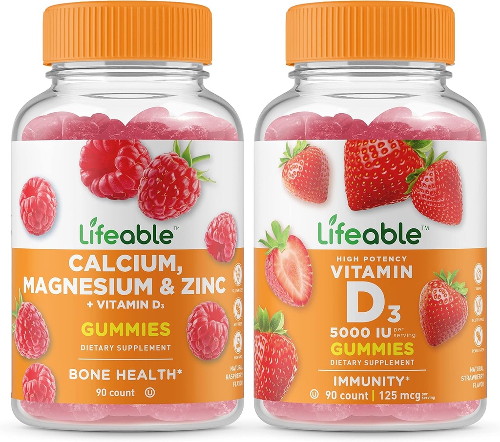 Calciu, Magneziu, Zinc & Vitamina D + Vitamina D 5000 UI, Gummies Bundle - Degustare mare, Supliment de vitamine, Gluten gratuit, OMG gratuit, Masticabil