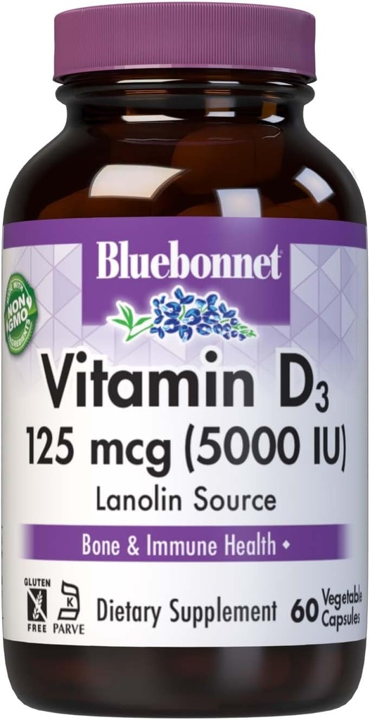 Bluebonnet Nutrition Vitamina D3 5000 UI Capsule vegetale, SIDA în creștere musculară și scheletală, Colecalciferol din Lanolin, D3, Non OMG, Gluten Free, Soy Free, Milk Free, Kosher, 60 Count