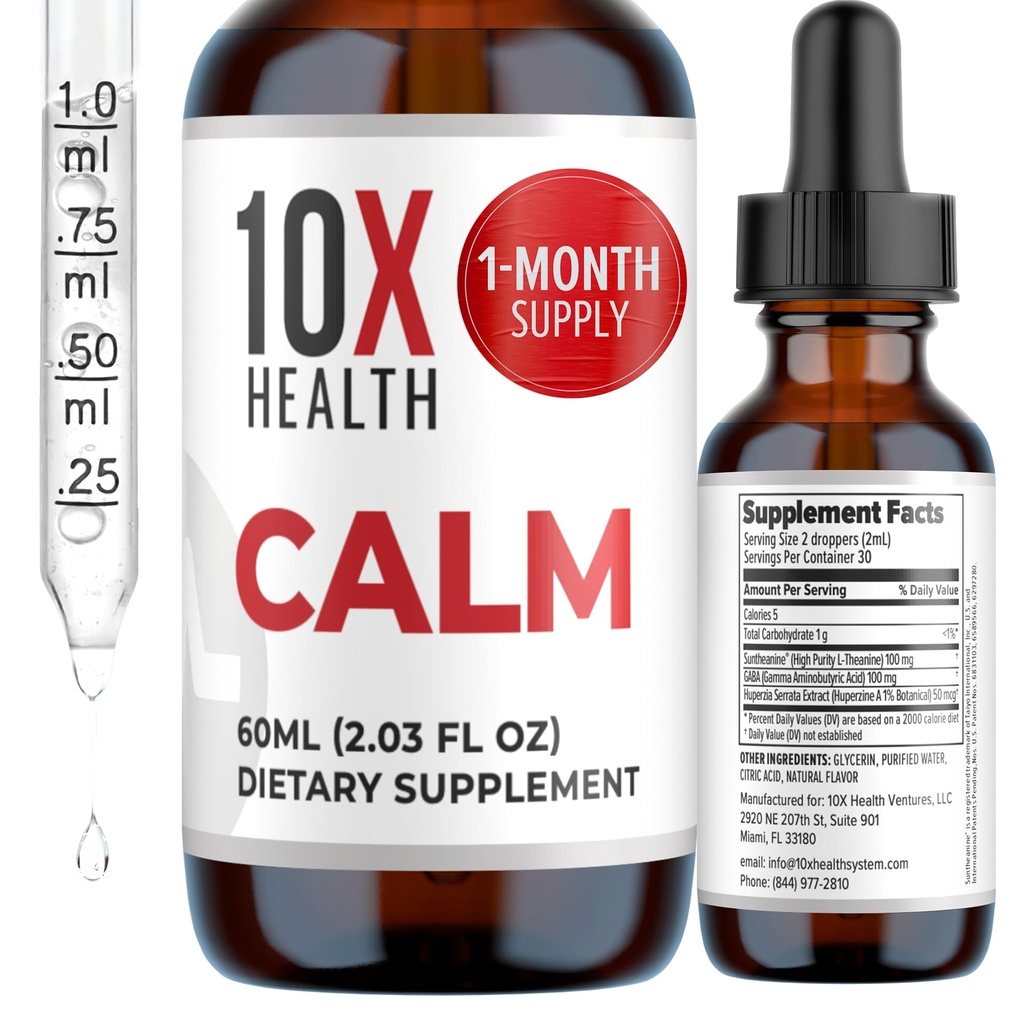 10X Sănătate L Calm Theanine Supliment Picături lichide - 100mg L'Theanine picături & 100mg GABA Suplimente pentru a sprijini nervii, calm și stres - Aroma naturală 2.03 Fl oz.