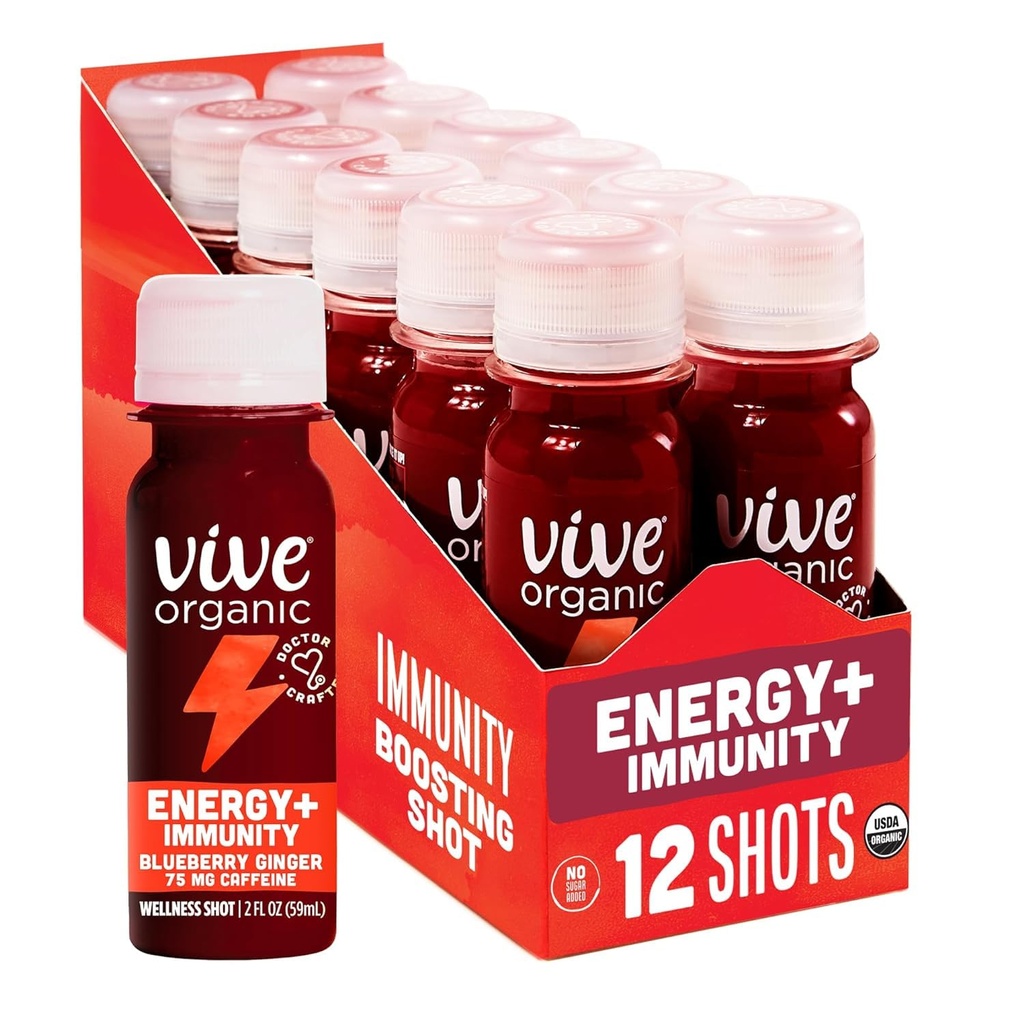 Vive Organic Energy Shot + Immune Support, Immune Defense with Ashwagandha, Green Tea & Cofeina, Gluten Free, Vegan, Energy and Focus, 2 Fl Oz (Pachet de 12)