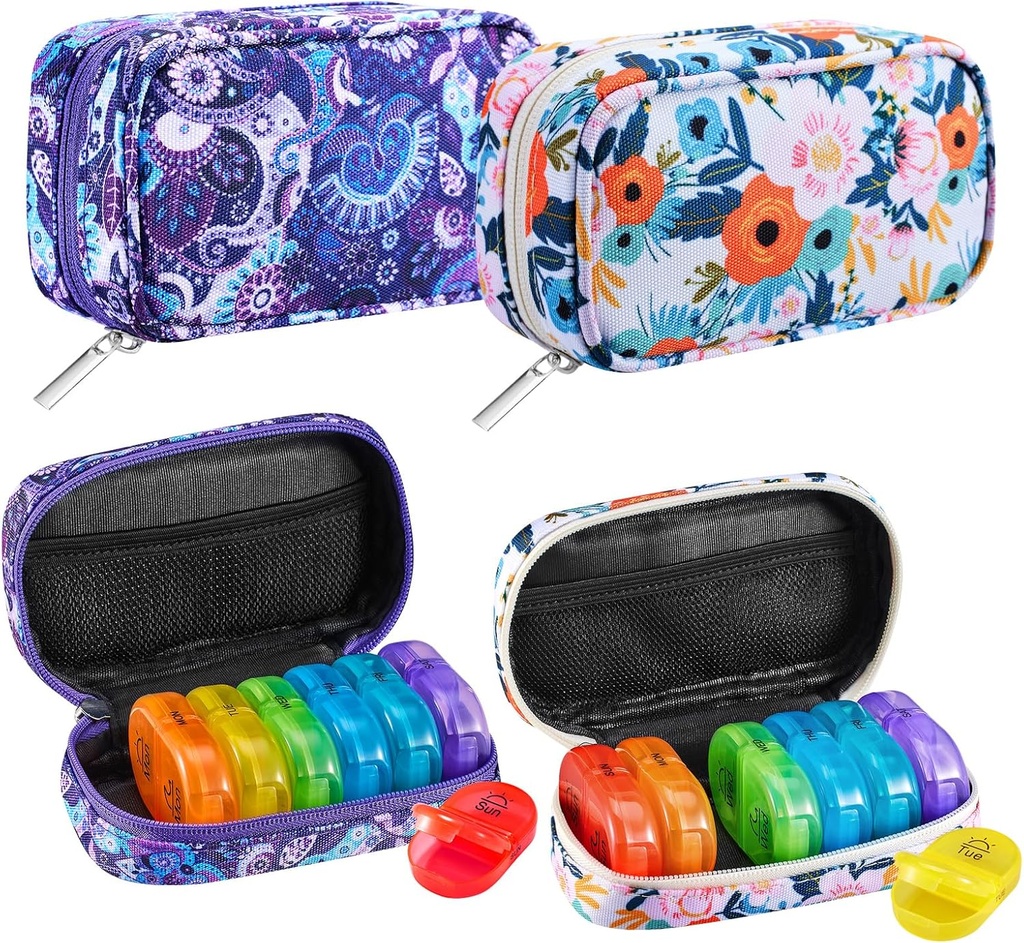 Serfeymi Weekly Travel Pill Organizator 2 Times A Day AM PM Rainbow Pilula Box 7 Ziua cu Zipper Canvas Pill Case, Medicina Organizator pentru pastile, vitamine, ulei de pește - Purple 01+ Bloom 01