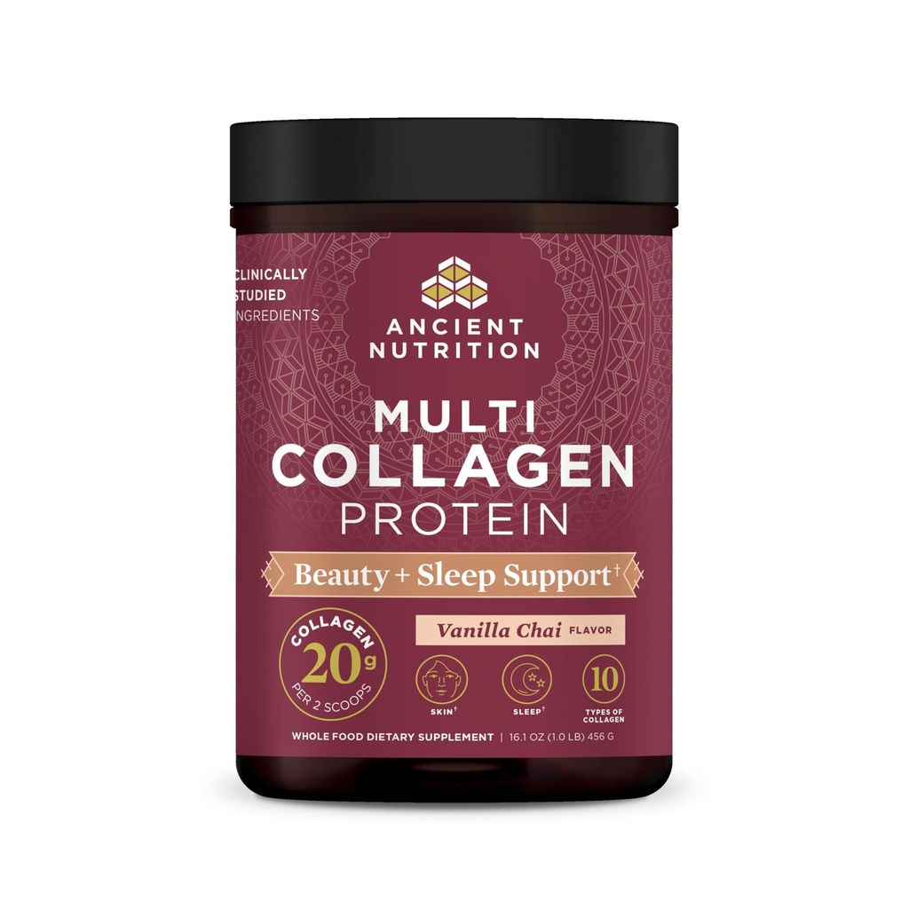 Nutriţie antică Colagen pulbere Proteină, Multi Colagen Proteine Frumuseţe + Dormi cu vitamina C, Vanilla Chai, Hidrolyzed Colagen Peptide Susţine Piele şi Nails, Somn, 16.1 oz