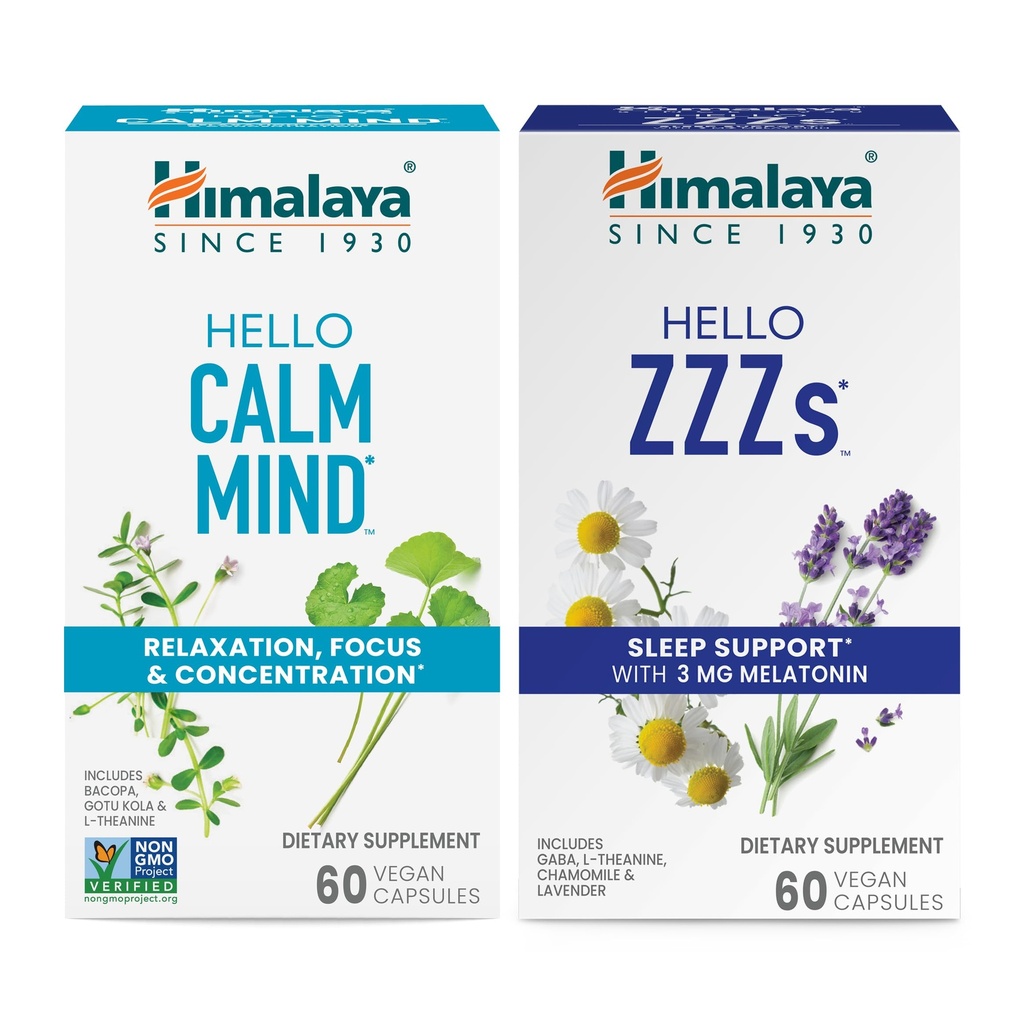 Himalaya Bună ziua Calm Minte cu Bacopa pentru relaxare, concentrare și concentrare & Hello ZZZs cu Melatonina pentru Sleep Support, 60 Capsule Fiecare - Bundle