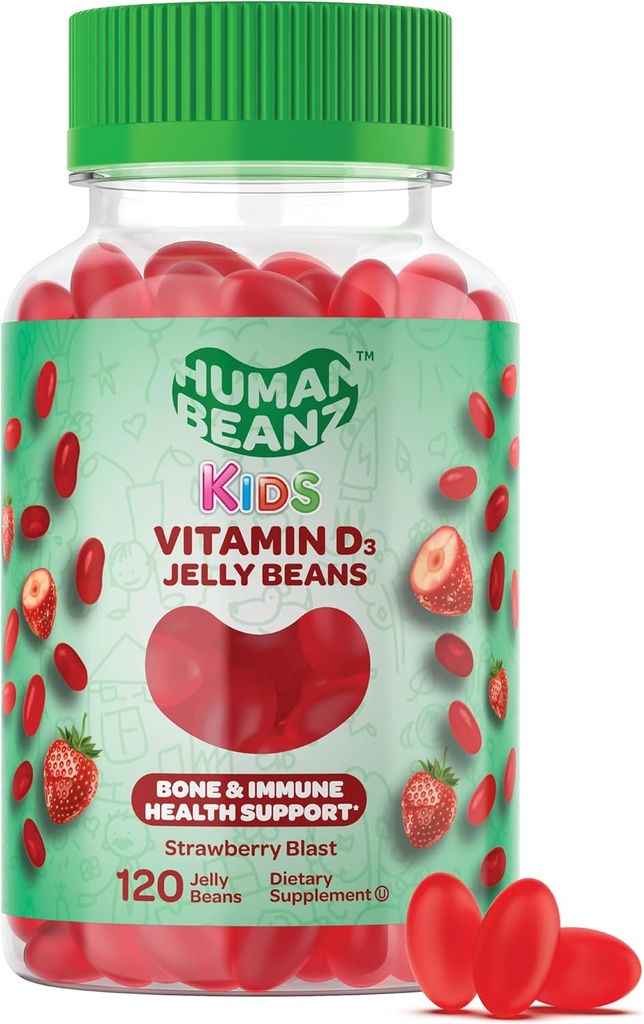 Vitamina D3 Gume de jeleu pentru copii, 25mcg/1000 UI Vitamina D, Suplimente vegetariene nutritionale, 120 Blast de căpșuni Jelly Beans, Kosher