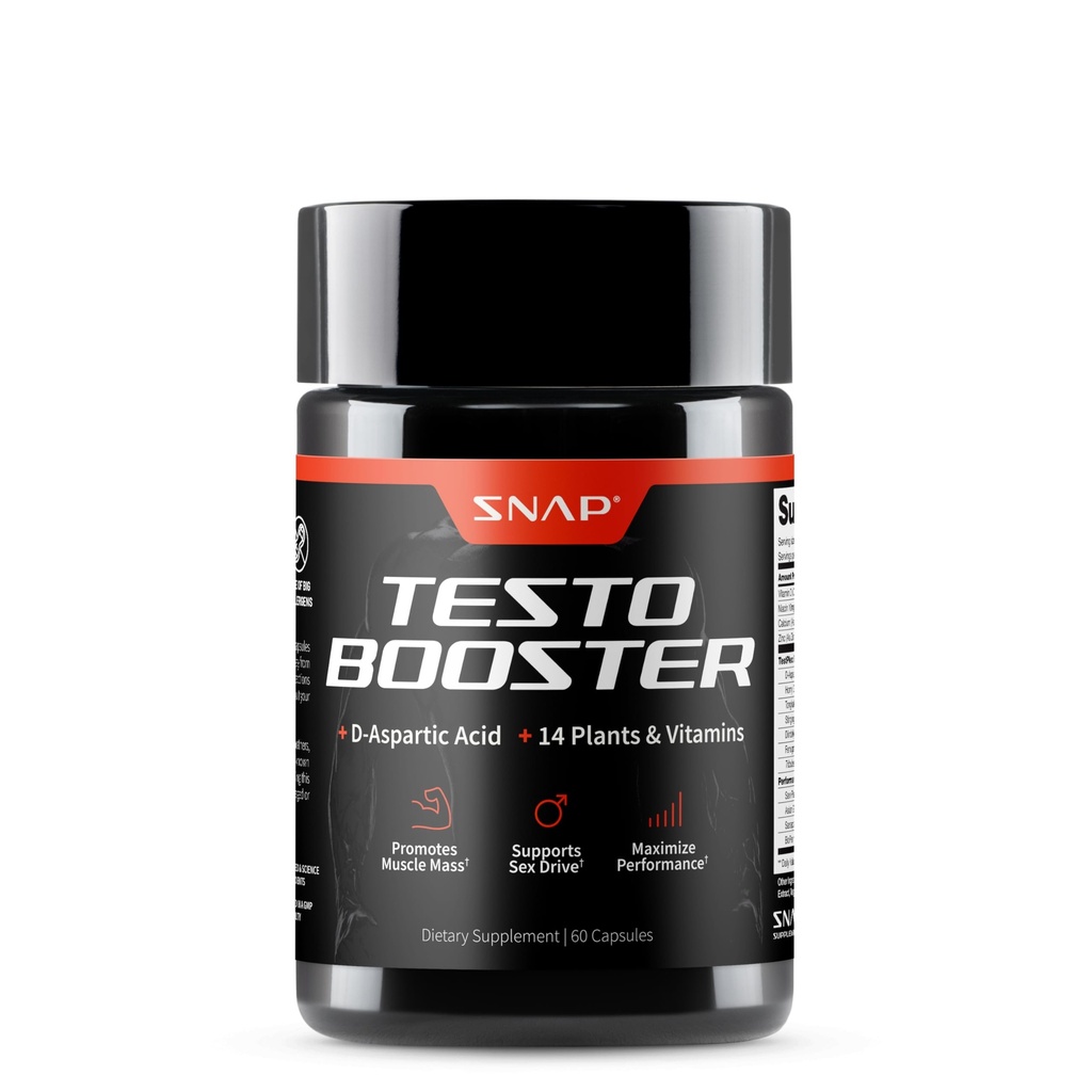Snap Suplimente Testosteron Booster pentru barbati - Promoveaza cresterea musculara, Booster pentru barbati, Îmbunătățirea energiei naturale, rezistența și puterea, 60 capsule