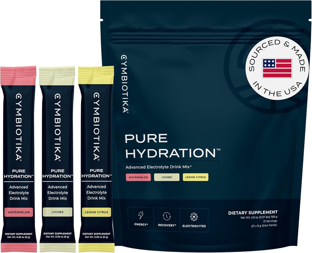 CYMBIOTIKA Pure Hydration Electrolytes Pulbere Drink Mix cu vitamina C & Magneziu, Keto Friendly Electrolyte Hidratare Pachete, Variety Pack, Lemon, Lychee & Pepene verde, 7 Fiecare, 21 Stick Packets