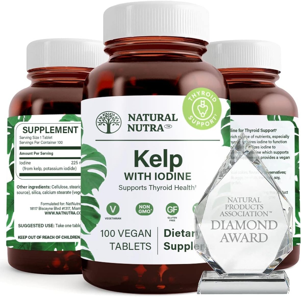 Natural Nutra Kelp Iodine supliment de suport tiroidian, consolidează sistemul imunitar, și reglementează metabolismul, Marea Vegan Kelp, Non OMG, Atlantic extract de alge marine surse, 225 mcg, 100 comprimate