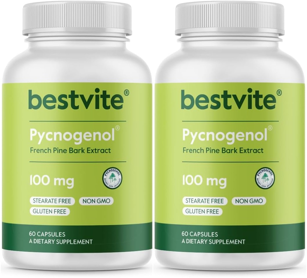 BESTVITE Pycnogenol 100mg (120 capsule) (60x2) - Extract de scoarță de pin maritim francez - Fără Stearete - Gluten gratuit - NeMG