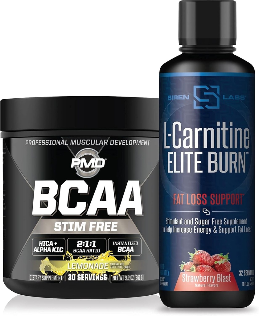 Stim Sports BCAA gratuit pentru recuperare și performanță Lemonade (30 Serviri) și Siren Labs L-Carnitine Elite Burn Fat Loss Support Strawberry Blast 3000 mg (32 Servings)