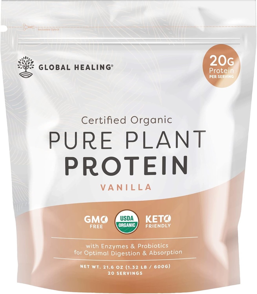 Global Vindecare Vegan Vanilie, Plant Pe bază de proteine pulbere pentru femei și bărbați, Organic, Mese de înlocuire (20 Serviri, 20g de proteine)