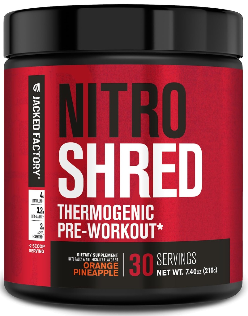 Fabrica Jacked NITROURGE Shred Pre Workout Supliment - Booster energie, câştiguri de putere instant, Sharp Focus, Pompe puternice - Nitric oxid Booster & PreWorkout pulbere - 30Sv, Orange Ananas