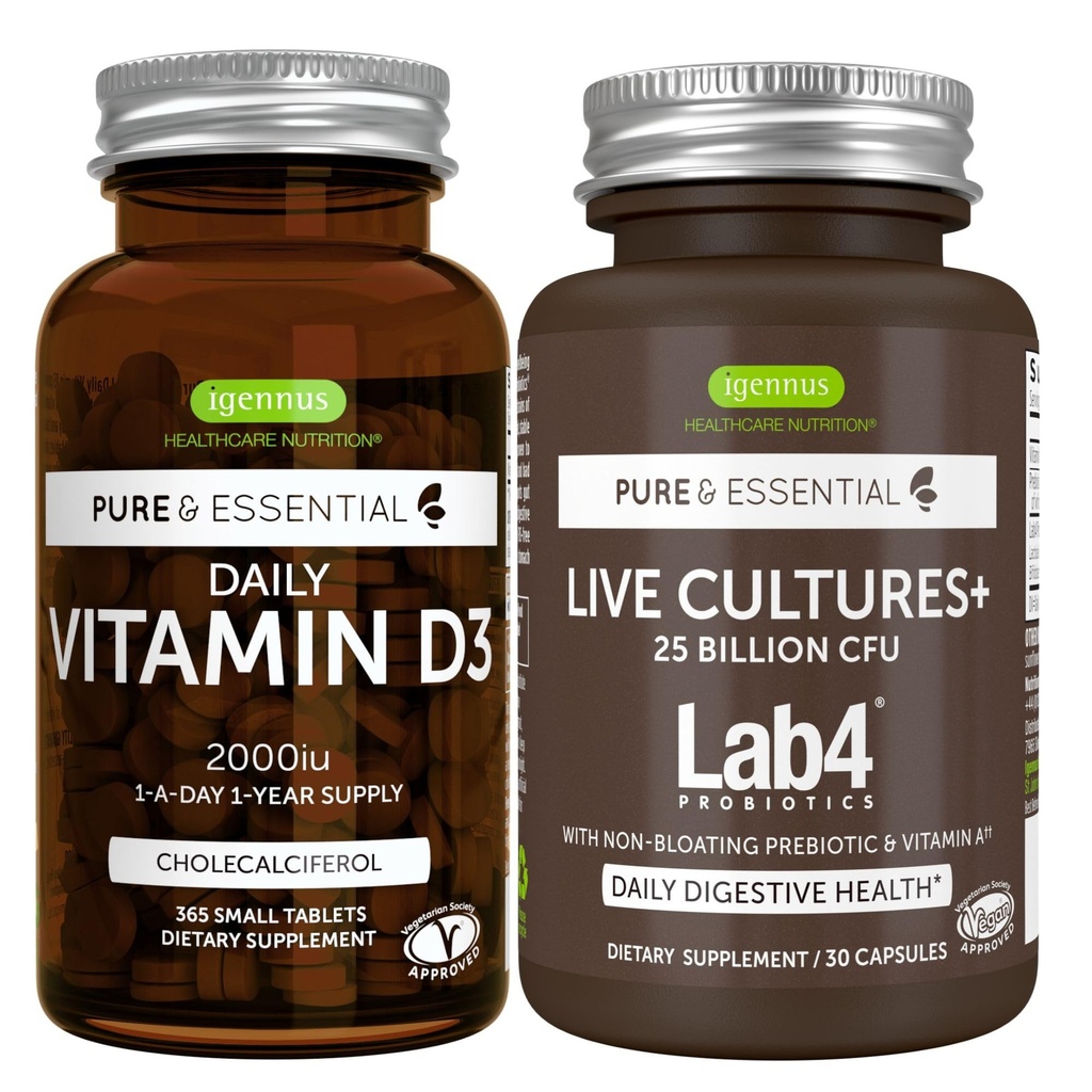 Daily Vitamin D3 + Live Cultures. Lab4 Probiotice Bundle, 365 2000iu Vitamina D3 Tablete + 25 Miliarde CFU Lactobacillus Acidophilus & Bifidobacterium cu prebiotic non-bloating, de Igennus