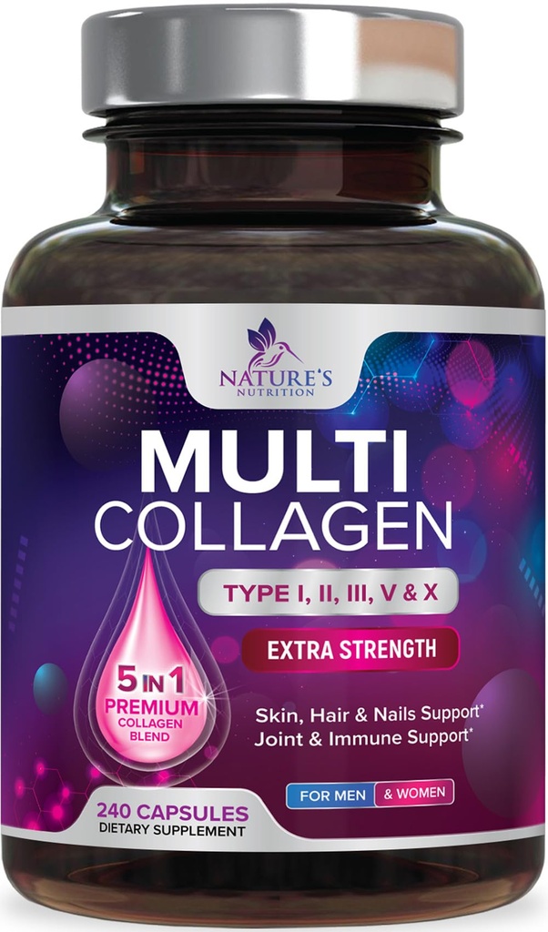 Multi Colagen Supliment 2400 mg - Tipurile I, II, III, V & X Multi Colagen Peptides pastile pentru femei si barbati, Hydrolyzed Colagen Suplimente, Hair, Piele, Nail, & Supliment de suport comun - 240 capsule