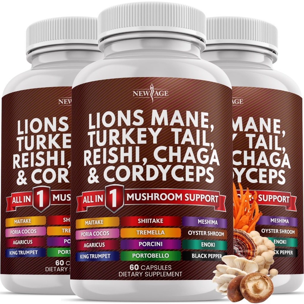 NOU AGE Lions Coamă Ciuperca Supliment cu Turcia Coada Reishi Cordyceps Chaga cu root marshmallow 180 Count