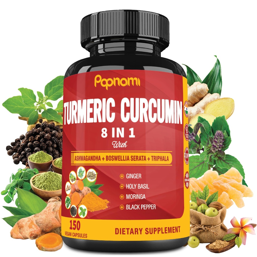 Capsule de Curcumin Turmeric - cu Ashwagandha, Boswellia, Triphala, Ginger, Sfântul Basil, Moringa și Pepper Negru - 150 de pastile 5 luni de aprovizionare