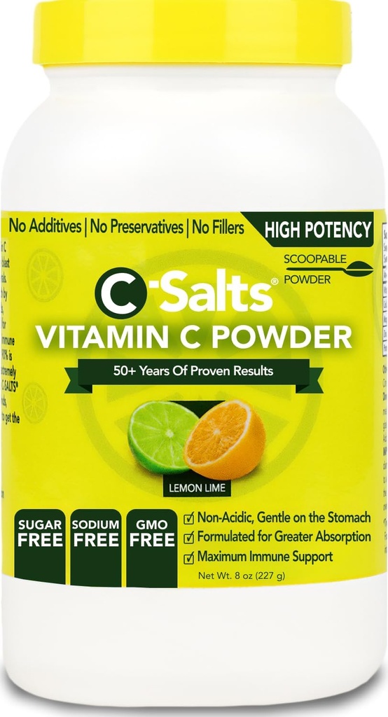 C-Salts Vitamina C pulbere Supliment - 100% pură pură doză Buffered vitamina C pulbere pentru suport imunitar - Organic, Zahăr-Free, Vegan, non-GMO, Stomac-Friendly, Lemon Lime 8oz