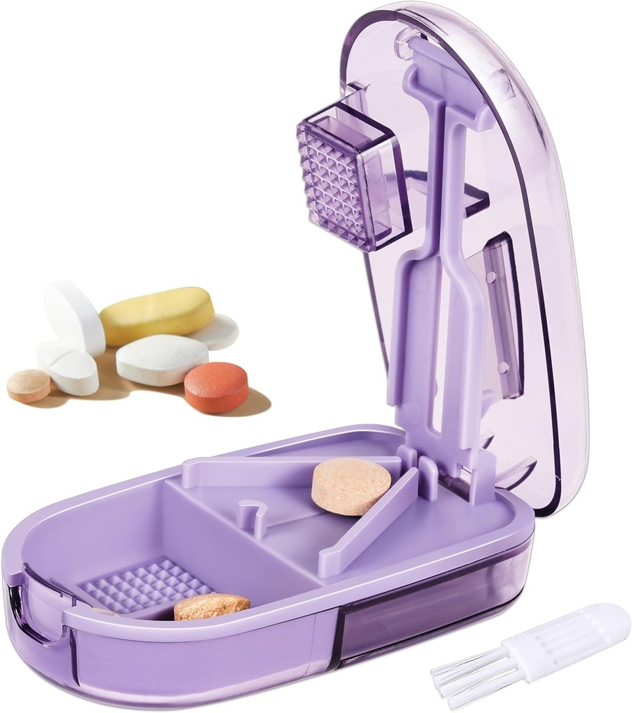 Pill Cutter Splitter pentru pastile mici și mici, sau pastile mari. Design format V pentru dimensiuni multiple. Garda Blade de siguranță. Loss-Proof Construit-in Perie mică și Sliding Door Pilula de stocare (Purple)