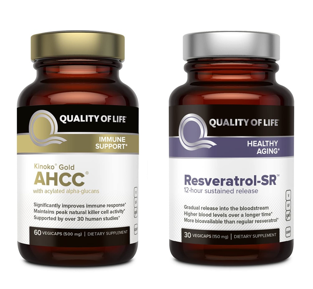 Calitatea vieții Caracteristici Kinoko Gold AHCC și Resveratrol SR Formula de lansare susținută - Imun, îmbătrânire sănătos Bundle