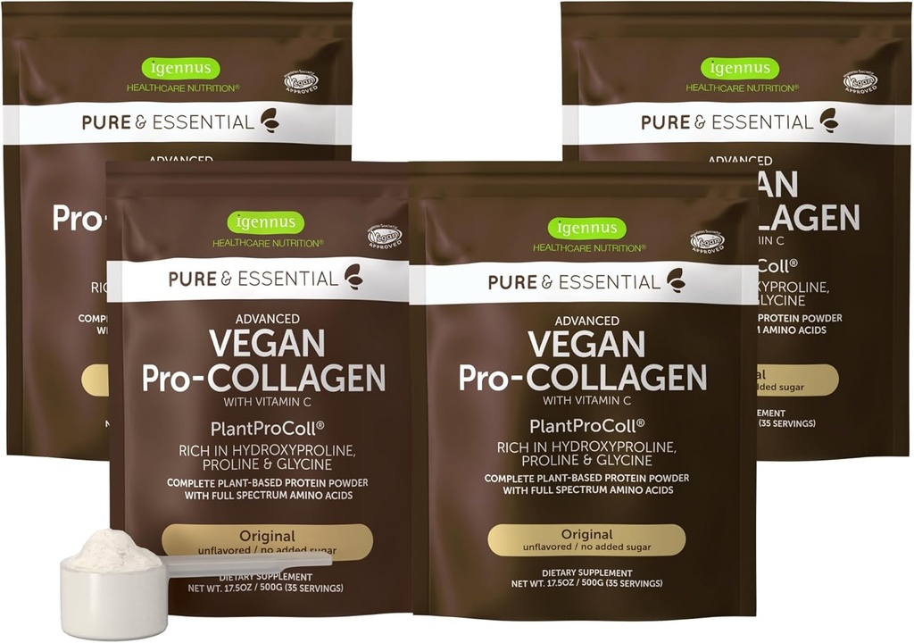 Igennus Vegan Colagen Peptide pulbere, imbunatatit cu Glicină, Proline & Hidroxiprolină & Cofactor Vitamina C, Non-Glob, Complete Vegetarian Plant Bazat Booster pulbere, 4 x 35 Serviri