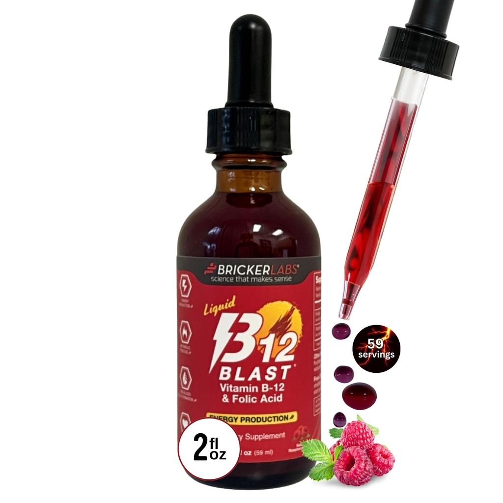 Bricker Labs B-12 Explozie lichid Vitamina B12 şi acid folic Supliment, Suport Producţia de energie, Mare Tasting lichid Vitamina B12 Supliment alimentar în aroma de zmeură naturale, 2 fl oz flacon