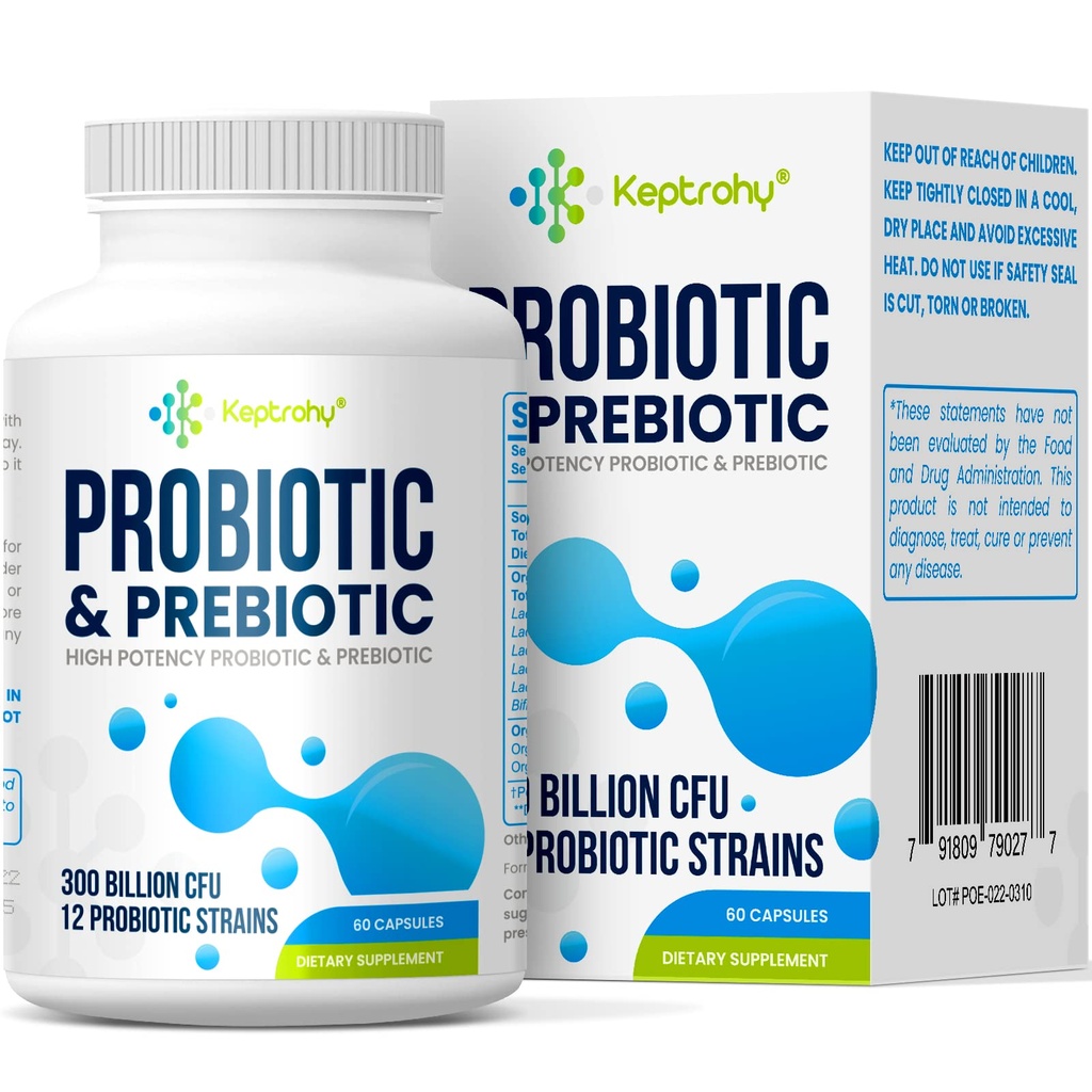 Probiotice pentru femei și bărbați, 300 Miliarde Probiotice CFU de la 12 Strains + Prebiotice organice Blend pentru Daily Digestive, Immune, Gut, Bloating, Sanatate Gut pentru Femei si Barbati, Perioada de valabilitate Stabil - 60 Capsule