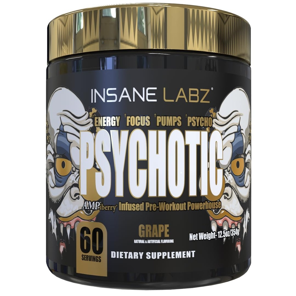 Insane Labz Psychotic Gold, High Stimulant Pre Workout Powder, Extreme Lasting Energy, Pompe și Endurance with Beta Alanine, DMAE Bitartrate, NO Booster (60 Servings, Grape)